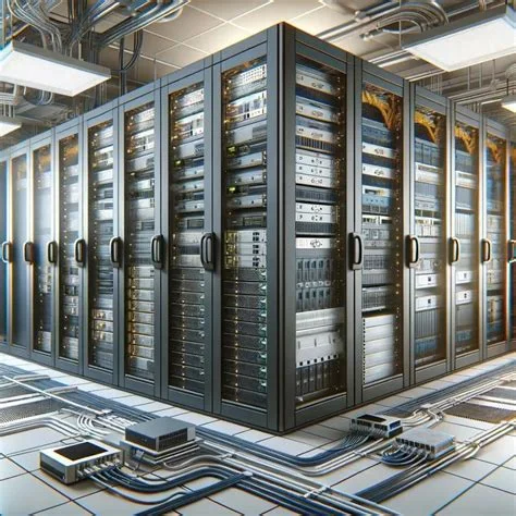 Building services room with network rack in a commercial building
