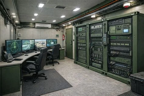 Secure network racks in a control room at a defence site